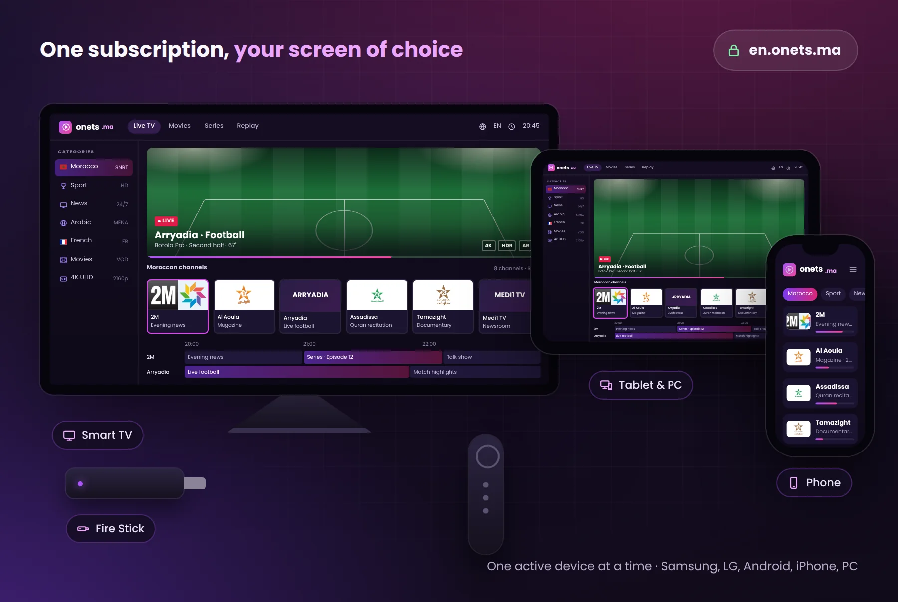 IPTV Morocco on Smart TV, Fire Stick, smartphone and tablet
